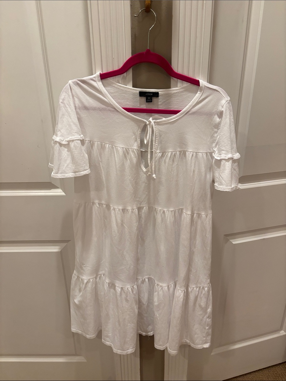 J. Crew White Tie-Neck Tiered Babydoll Dress